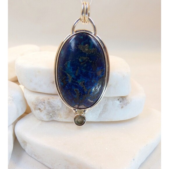 Natural Deep Blue Azurite & Blue Topaz  925 Sterling Silver Pendant - Picture 7 of 8